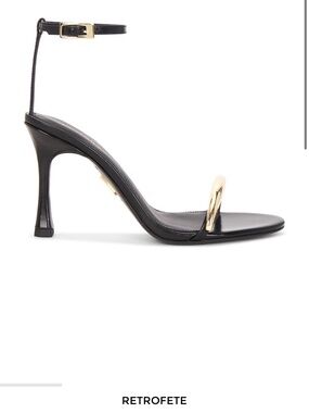 Retrofete Black Leather Ankle-Strap Stiletto Sandal with Gold Toe Loop